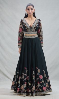 Black attached cancan lehenga with all over flower garden embroidery. Paired with a padded blouse with floral, geometric, beads embroidery and dupatta with embroidered border and belt. - Aza Fashions Flower Garden Embroidery, All Over Flower, Cancan Lehenga, Garden Embroidery, Beads Embroidery, Padded Blouse, Embroidered Border, Floral Geometric, Silk Embroidery