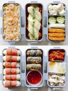 four plastic containers filled with different types of sushi and other foods in them on top of a white table