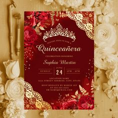 a red and gold quinceauera birthday party card with roses on it, surrounded by flowers