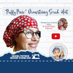 a woman wearing a red bandana and glasses with the words sewing pattern instant video