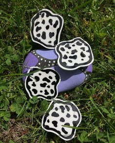 three purple and black shoes laying in the grass