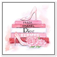 a watercolor painting of a stack of books with high heels and flowers on top