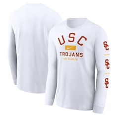 Show off your USC Trojans pride with this Nike Primetime Classic Location Long Sleeve T-Shirt. Soft cotton fabric provides continuous comfort while the team name and location are printed at center chest for a classic look. This tee is a must-have for any Trojans fan looking to rep their school with classic style. Nike Tops With Screen Print For Fans, Nike Fan Apparel Tops For Sports Events, Crew Neck Top With Screen Print Fan Apparel, College Jersey Tops With Team Logo, Collegiate Jersey Top With Team Logo, Collegiate Style Jersey Top With Team Logo, Athletic Heather Tops With Logo Print For Fans, Sports Season Crew Top With Team Name, Nike College Tops With Team Logo