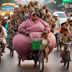 a group of people riding bikes with monkeys on the back