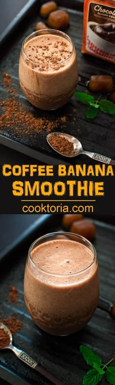 coffee banana smoothie in a glass bowl with spoons and spices on the side