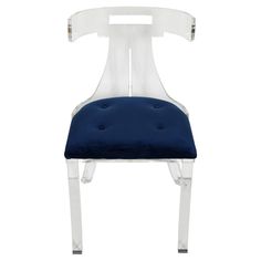 a white and blue chair with an acrylic frame on the back, against a white background