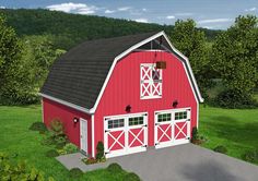 a large red barn with two doors on the front and one door open to let in light