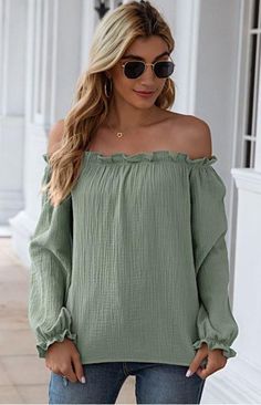 Sage Off Shoulder Blouse - Trendznmore Fall Blouse, T Shirt Crop Top, Off The Shoulder Long Sleeve, Tunic Sweatshirt, Stylish Blouse, Current Styles, Crop Top Sweater, Linen Blouse, Off Shoulder Tops