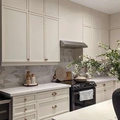 a kitchen with white cabinets and marble counter tops