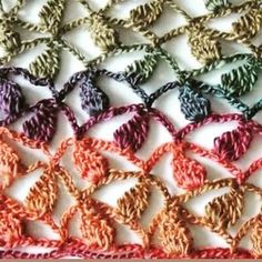 crocheted doily with leaves on the side and two colors of yarn in the middle