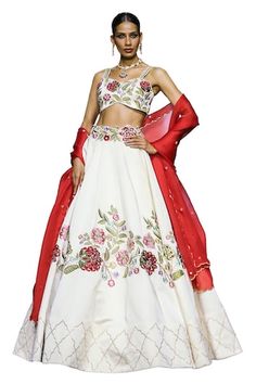 White attached cancan lehenga with placement floral bloom embroidery. Paired with a padded blouse with floral embroidery work and dupatta. - Aza Fashions Traditional Floral Embellished Sets For Designer Wear, Silk Choli With Floral Embroidery For Wedding, Fitted Floral Embellished Sets For Reception, Wedding Festive Floral Choli, Wedding Festive Floral Embellished Sets, White Floral Embroidered Lehenga For Party, Floral Embellished Lehenga For Reception, White Floral Embroidered Wedding Choli, Fitted Floral Embroidered Lehenga