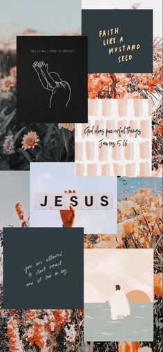 a collage of different images with the words jesus and flowers on them in black, white