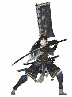 an anime character holding two swords in one hand and wearing armor with writing on the other