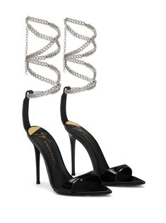 Find GIUSEPPE ZANOTTI Intriigo String 105mm Sandals on Editorialist. black leather slip-on style pointed toe chain-link detailing high stiletto heel Black Photos, Zanotti Heels, Giuseppe Zanotti Heels, Sandals Black, Leather Slip Ons, Metal Chain, Stiletto Heel, Giuseppe Zanotti, Black Heels