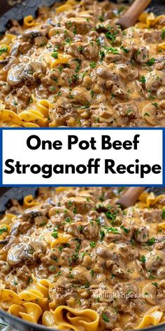 one pot beef stroganonoff recipe in a skillet with text overlay