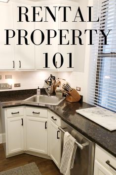 the words rental property 1011 are in black and white over an image of a kitchen