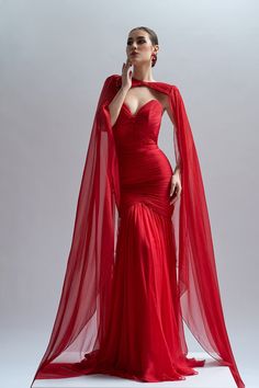 Description Red Mermaid, Long dress Cape shape, Long Sleeves Open neckline Dry Clean Evening Dress Made in EU CA71 Mermaid Dress Formal, Mermaid Long Dress, Dress Cape, Red Mermaid, Evening Gowns With Sleeves, Red Christmas Dress, Designer Evening Gowns, Silk Tulle, Luxury Wear