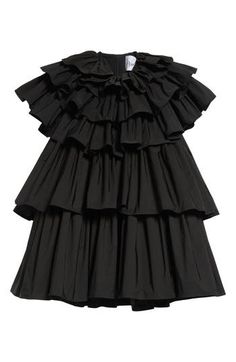 The New York design duo's penchant for drama comes through in this voluminous minidress with stacked ruffles arranged in an attention-getting fashion. Wholly owned by Comme des Garçons, this brand is part of Dover Street Market Paris, created with the goal of bringing emerging brands to market. 39" length (size Medium) Jewel neck Short sleeves Lined 100% polyester Dry clean Made in the USA Designer Clothing Ruffle Dress Black, New York Design, Tiered Blouse, Dover Street Market, Street Market, Favorite Daughter, Maternity Shops, Ruffled Sleeve Top, Jewel Neck