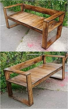 two pictures of a wooden bench made out of pallets and some sort of shelf