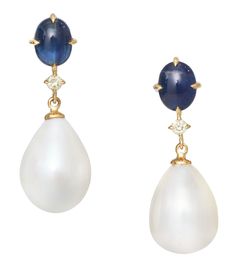 The most regal pair of earrings we’ve ever made. They look like they belong in the renaissance but of course ours are a bit more modern. These gorgeous pearl & sapphire drop earrings have been loving handmade by our master goldsmith.  These show-stopping earrings a statement. These earrings will be treasured for no Sapphire Pearl Drop Earrings, Elegant Cabochon Pearl Drop Earrings, Elegant Drop Earrings With Cabochon, Teardrop Gemstone Pearl Earrings For Formal Events, Teardrop Gemstone Pearl Earrings For Formal Occasions, Teardrop Pearl Earrings With Gemstone For Formal, Clothes Pieces, Sapphire Drop Earrings, Glamorous Jewelry