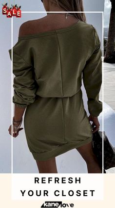 Dew Shoulder Belted Long Sleeve Mini Dress Solid Mini Dress With Pockets For Fall, Fall Long Sleeve Midi Dress For Going Out, Casual Fall Midi Dress For Going Out, Long Sleeve Dresses For Fall Going Out, Long Sleeve Dresses For Going Out In Fall, Khaki Dress For Fall, Khaki Fall Dress, Solid Color Khaki Fall Dress, Casual Long Sleeve Mini Dress For Day Out