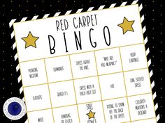 a printable red carpet bingo game with stars on the top and words below it