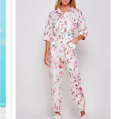 New And Never Worn. Bought Too Small Of A Size And Can’t Return. Light Silky Feel To The Fabric! Chic Cotton Floral Print Jumpsuits And Rompers, White Cotton Jumpsuits And Rompers With Floral Print, White Jumpsuits And Rompers With Pockets For Day Out, White Jumpsuits And Rompers With Pockets For Spring, White Spring Jumpsuit With Pockets, White Floral Print Jumpsuits And Rompers For Day Out, Printed White Jumpsuits And Rompers For Day Out, White Floral Print Jumpsuit For Day Out, Spring Floral Print Loungewear Jumpsuits And Rompers