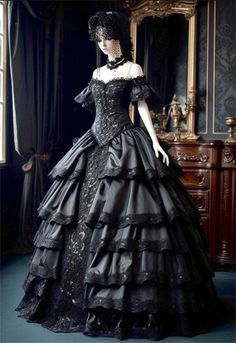 Gothic Black Wedding Dresses Off The Shoulder Tiered Lace Ruffle Bridal Gowns | eBay Gothic Ball Gown, Victorian Gothic Dress, Black Victorian Dress, Gowns Corset, Wedding Dresses Off The Shoulder, Gothic Victorian Dresses, Gothic Gowns, Masquerade Ball Gowns