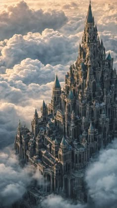 an aerial view of a castle in the clouds