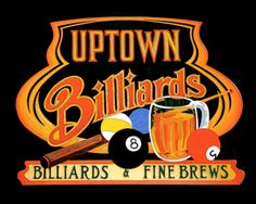 the logo for up town billards and fine brews, which is also available on their website