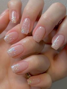 Nails Christmas Natural, Neutral Nails With Glitter Tips, Gel Nails Clear Designs, Neutral Nails With Silver Glitter, Neutral Nail With Sparkle, American Manicure With Sparkle, Wedding Gel Nails Short, Holiday Nails Glitter Sparkle, Glitter French Gel Nails