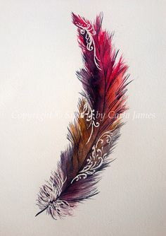 a watercolor painting of a feather on a white paper with the word love written in it