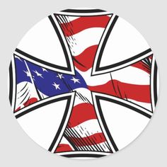 the american and british crossed flags on a round sticker with black border around it