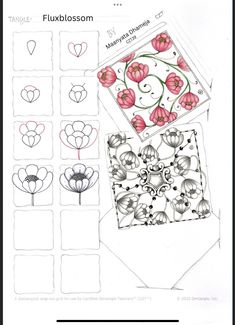 an envelope with flowers and hearts drawn on the inside, next to it is a cut out