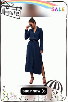 Navy Blue Button Down Split Maxi Shirt Dress Chic Solid Color Collared Shirt Dress, Chic Collared Solid Color Shirt Dress, Blue Collared Shirt Dress With Pockets, Blue Shirt Dress With Pockets For Work, Trendy Blue Collared Dress, Blue Collared Shirt Dress With Placket, Button-up Shirt Dress For A Day Out, Blue Button-up Midi Dress For Office, Blue Collared Midi Dress For Fall