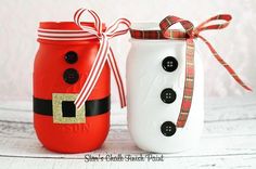 two mason jars decorated to look like santa claus and snowman