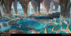 an artist's rendering of a river surrounded by palm trees and blue lagoons