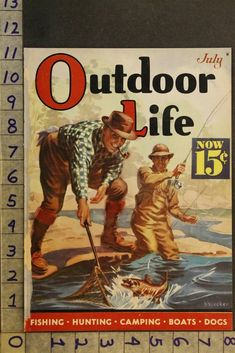 an advertisement for outdoor life from the 1950's shows two men fishing in shallow water