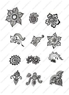 an assortment of different designs on a white background, including flowers and swirls in black ink