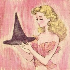 a drawing of a woman holding a witches hat