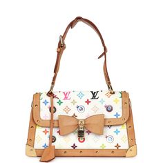 This Vintage Limited Edition Louis Vuitton x Takashi Murakami Eye Need You Bag is of white multicolored Eye Love Monogram coated canvas and natural Vachetta cowhide trim with gold hardware, features painted eyes balls mixed in with the signature LV print, bow with lock on front of bag, snap closure, clochette, two keys, gold studded vachetta trim along the flap and edging of bag, and adjustable shoulder strap.The interior is lined in red microfiber lining with one interior slip pocket on rear wall.Collection: 2003Origin: FranceCondition: Vintage; Excellent - This bag retains it shape. There's some scratching and minor tarnishing throughout to the hardware. The exterior leather has a small scuff to the coated canvas leather but significant wear and darkening to the vachetta leather trim and Designer White Coated Canvas Shoulder Bag, Luxury Multicolor Monogram Canvas Shoulder Bag, Multicolor Monogram Canvas Top Handle Shoulder Bag, White Monogram Canvas Shoulder Bag With Branded Hardware, White Monogram Canvas Shoulder Bag, White Coated Canvas Shoulder Bag With Gold-tone Hardware, White Monogram Canvas Satchel Shoulder Bag, Designer White Monogram Canvas Shoulder Bag, White Shoulder Bag With Gold-tone Hardware