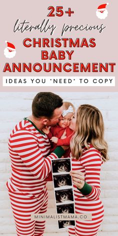 a man and woman in matching christmas pajamas holding an announcement for their baby's birth