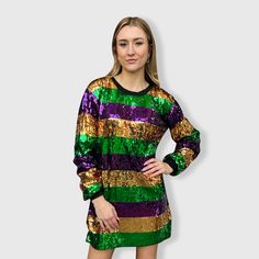 Mardi Gras Sequin Dress Bright Vivid Mardi Gras Colors Long Sleeves Material: Sequins with Polyester Lining Adult Sizes: Small - 3XL Do not machine wash Mardi Gras Colors, Mardi Gras Outfits, Kids Tank Tops, Sequin Patch, Hat Patches, Bow Necklace, Tank Top Dress, Thanksgiving Christmas, Kids Tops