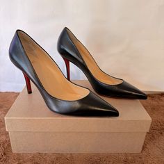 Christian Louboutin Apostrophy Pointed Toe Stiletto Pump Eu Size 38 - Excellent Condition - Right Shoe Worn Once To Try On At Home With A Heel Cushion Pad - 76.2mm Heel (3 Inch Heel) - Nappa Shiny Material Dust Bags And Bottom Heel Replacements Included. Slip On, Pointed Toe, Nappa Shiny Material, Stiletto Heel, Black. Casual, Work, Designer, Louboutin, Red Bottoms. Pointed Toe Court Shoes With Reinforced Heel For Galas, Classic High Heel Court Shoes With Red Sole, Classic Closed Toe Court Shoes With Red Sole, Classic Heels With Red Sole For Galas, Red Sole Heels With Pointed Toe For Galas, Formal Court Shoes With Red Sole And Almond Toe, Formal Court Shoes With Red Sole And Round Toe, Luxury Fitted Court Shoes With Red Sole, Louboutin Red Bottoms