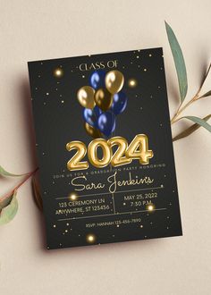 a black and gold graduation party card with balloons