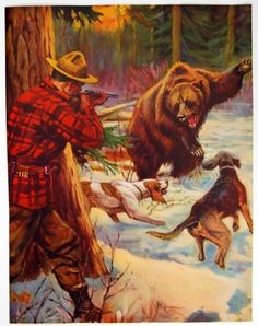 a painting of a man with two dogs and a bear in the snow near trees