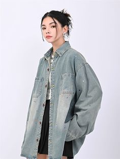 Show off your unique style with this Paint Splatter Oversized Denim Jacket. Perfect for any casual occasion, this fun and creative jacket is sure to bring out your inner fashionista. Crafted with a lightweight and comfortable fit, you'll have no problem flaunting it over any top, or even wearing it alone. The oversized cut makes it easy to pair with shorts or skirts, while the paint splatters add just the right amount of pizzazz. Don't hesitate to add this denim jacket to your wardrobe today!
Ge Acid Wash Grunge Outerwear For Spring, Oversized Acid Wash Denim Jacket, Spring Grunge Relaxed Fit Outerwear, Spring Grunge Cotton Denim Jacket, Grunge Denim Jacket With Relaxed Fit, Oversized Acid Wash Denim Jacket For Spring, Grunge Style Relaxed Fit Denim Jacket, Relaxed Fit Long Sleeve Denim Jacket In Grunge Style, Oversized Denim Shirt