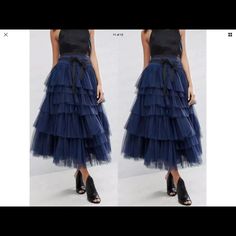 Nwt Elegant Layered Tulle Skirt Very Beautiful In Navy Blue Or Grey. Party Skirt With Ruffles In Midi Length, Party Midi-length Ruffled Skirt, Party Midi Ruffled Skirt, Blue Full Skirt With Ruffles, Night Out Tulle Midi Skirt, Blue Tiered Tulle Maxi Skirt, Summer Tulle Maxi Skirt For Night Out, Blue Tulle Tiered Maxi Skirt, Summer Night Out Tulle Maxi Skirt