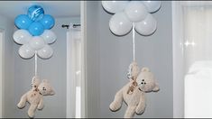 there are balloons and teddy bears hanging from the ceiling