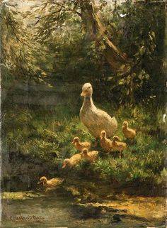 a painting of ducks and ducklings in a pond